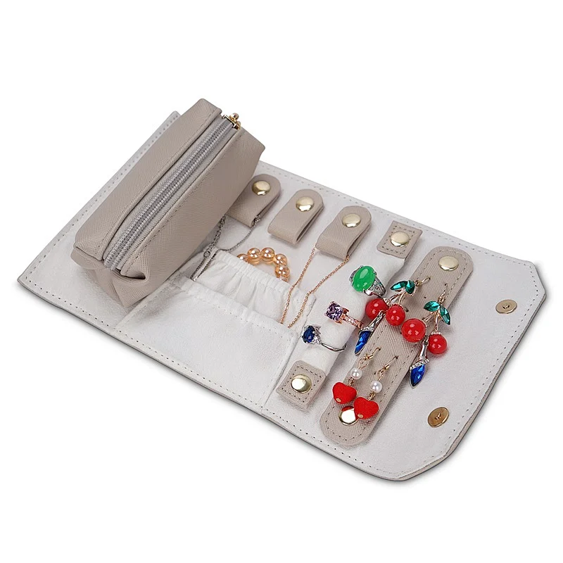 Custom jewelry box with pouch soft velvet PU leather ring earring necklace organizer jewelry roll bag