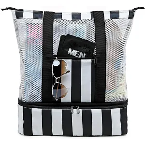 Extra Large Beach Bag Canvas Black Stripe Cotton Rope Handles Shoulder Beach Tote Bags