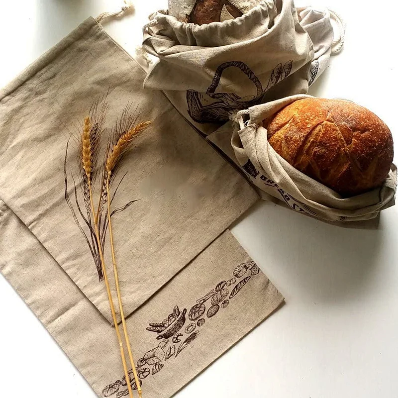 100% large flax linen artisan Linen Bread Bags Natural Unbleached Linen Reusable Food Storage Bag