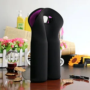 Black Color Double-Bottle Insulated Neoprene Wine Champagne Bottle Tote Carrier Beer Water Cans Bottle Drinks Carrying Bag