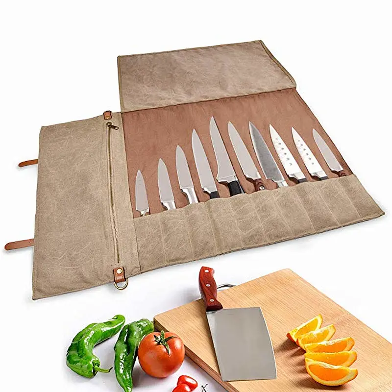 2021 custom Travel Cutlery Camp Knife Accessories Tool Roll Storage Bag waxed canvas tool bag  knife bag chef