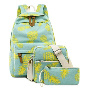 3 pcs Canvas Backpack Leisure Backpack Outdoor Pineapple Print High School Student School Bags