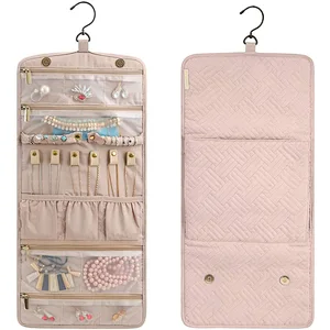 Travel Hanging Jewelry Organizer Case Foldable Jewelry Roll with Hanger for Journey-Rings Necklaces Bracelets Earrings