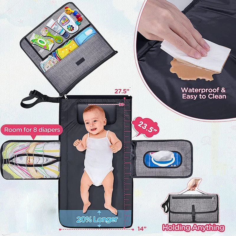 6 Pockets Large Diaper Baby Travel Bag Washable Diaper Table Changing Pad