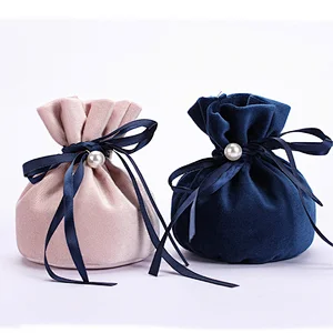 Pink Velour Jewelry Pouch Customizable Small Velvet Jewellery Gift Bags With Bow Tie for perfume bottle packaging bag