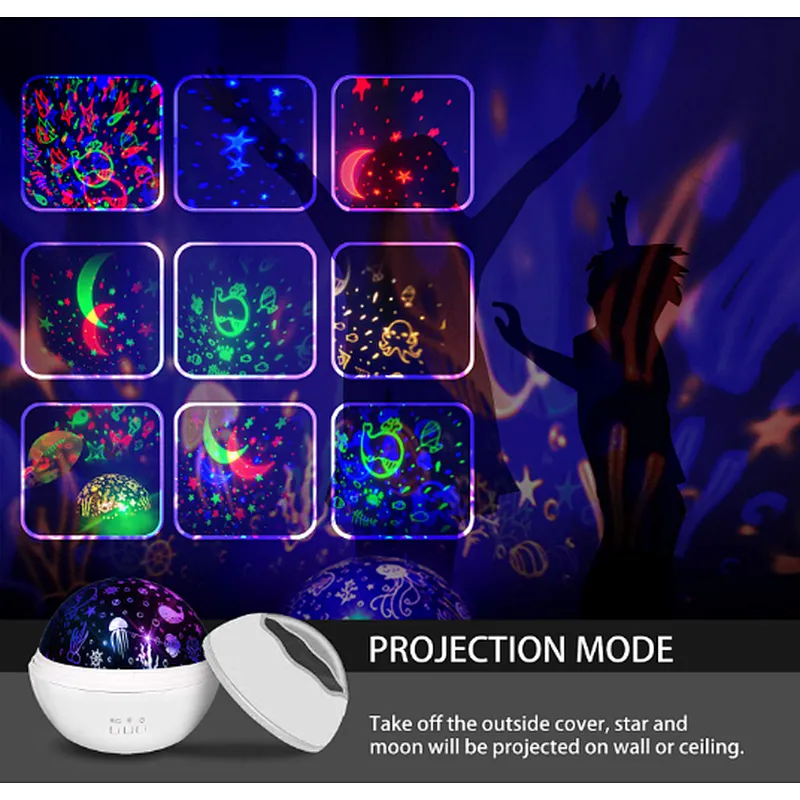 Starry light projector lamp 360 degree roating 8 color mode USD cable for baby night lights