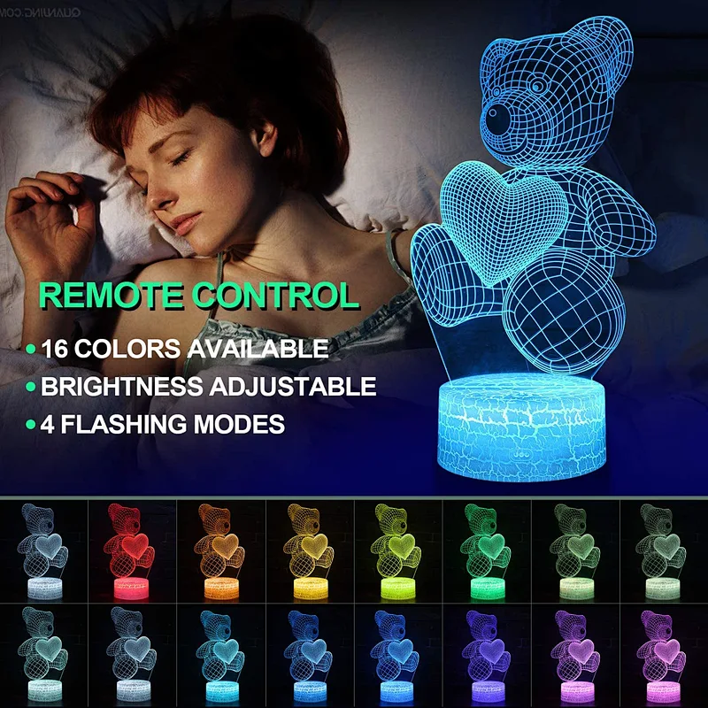 3D Teddy Bear Night Light 16 Colors Change Sleep Lamp Optical Illusion Lamp
