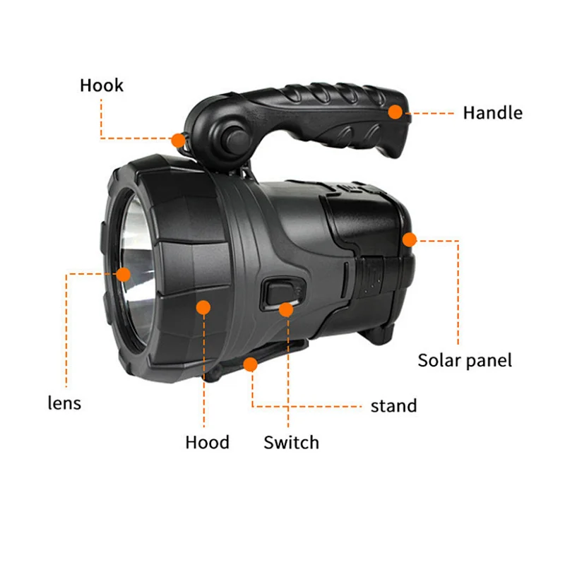 10W Solar power camping torch 2400mAh rechargeable lithium battery long range led flashlight