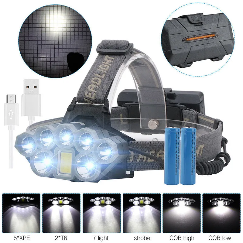 1COB+2T6+5XPE lamp beads usb rechargeable 8 led headlight 6 modes waterproof headlamp