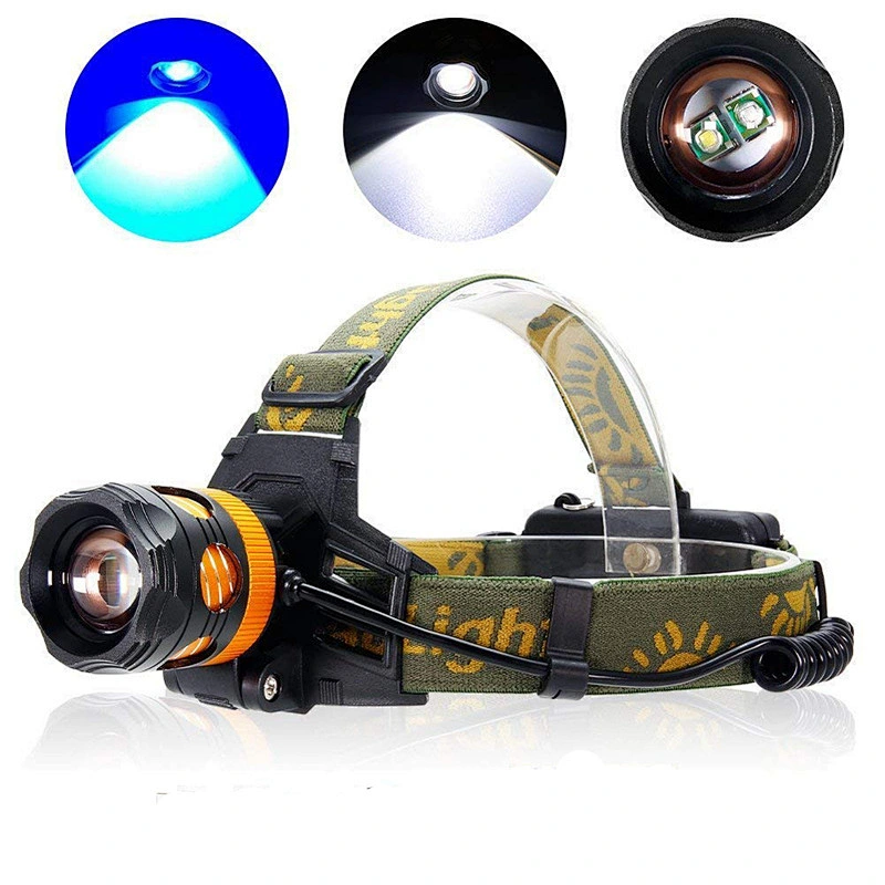 4 Modes white and blue multicolor focusable headlight 2*18650 rechargeable xpe led headlamp
