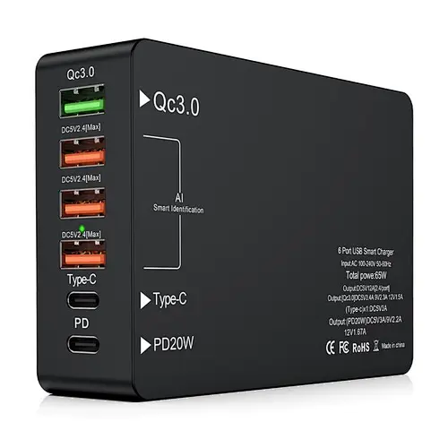 XXD New design multifunction QC3.0 65W Type-C fast charge Amazon hot sale 6ports PD 20W fast charger