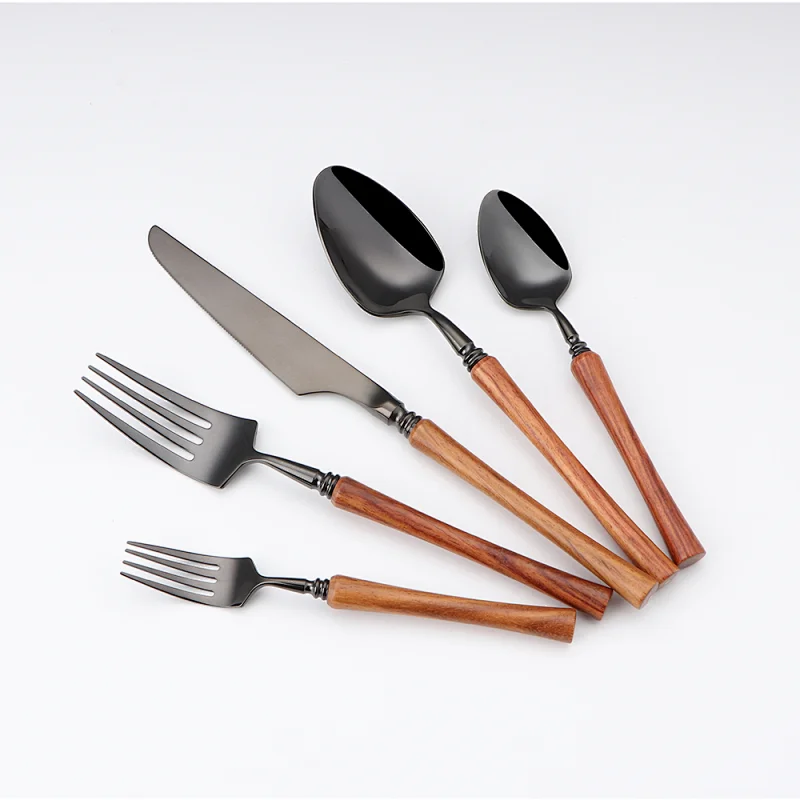 Real wooden handle cutlery set with black