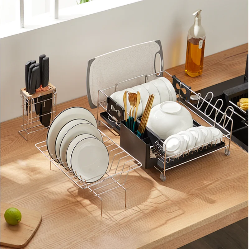 2 Tier Dish Rack with Drainboard and Utensil Holder Large Capacity for Kitchen Countertop