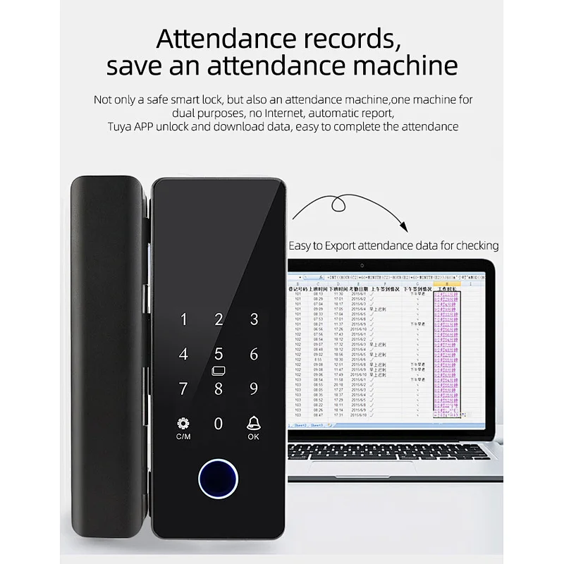 TUYA Office USB Lock Biometric Fingerprint Glass Door Lock Digital Electronic Time Attendance Record Smart Lock