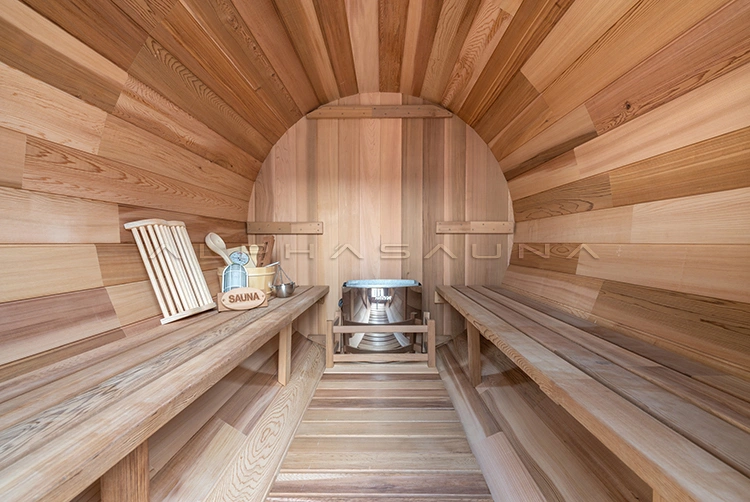 round wooden outdoor sauna