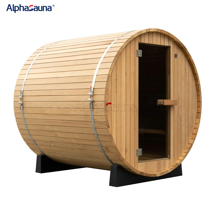 outdoor wooden barrel sauna