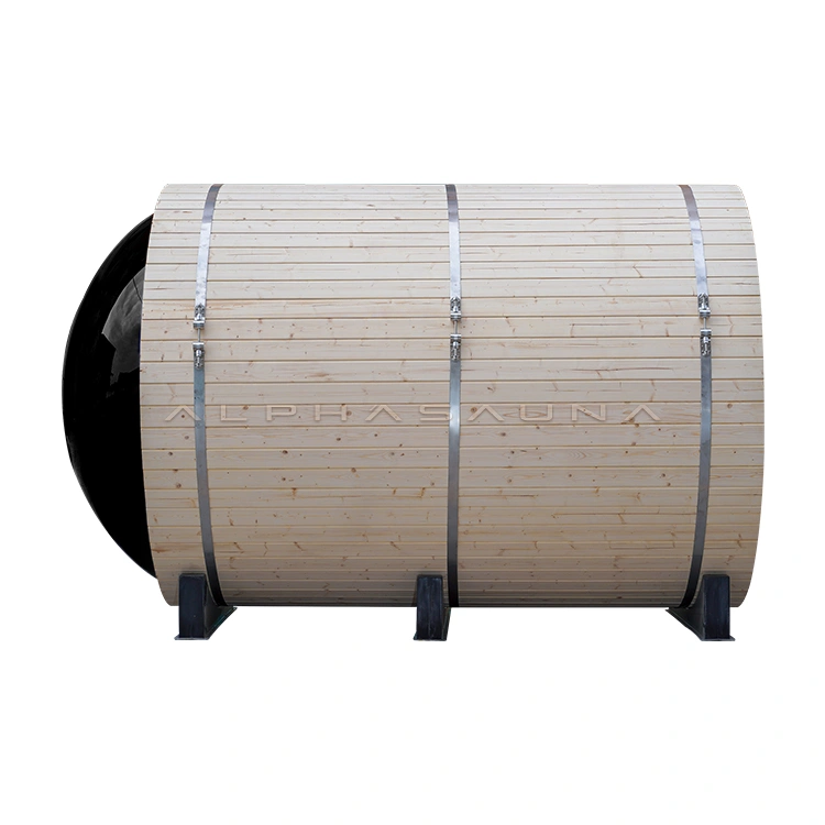 a panoramic barrel sauna