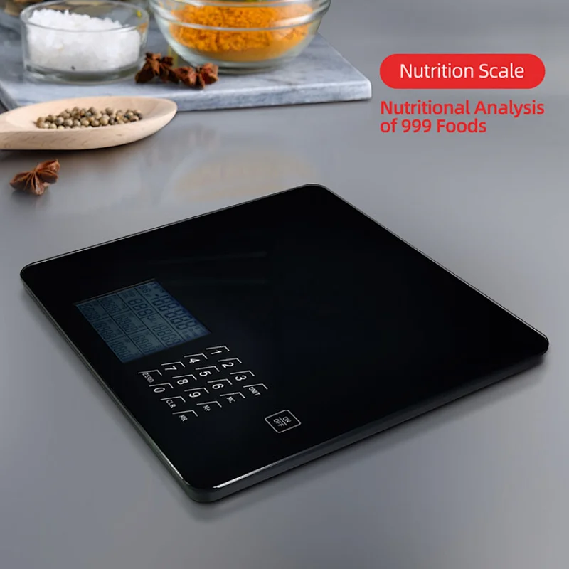 kitchen scale with nutritional data