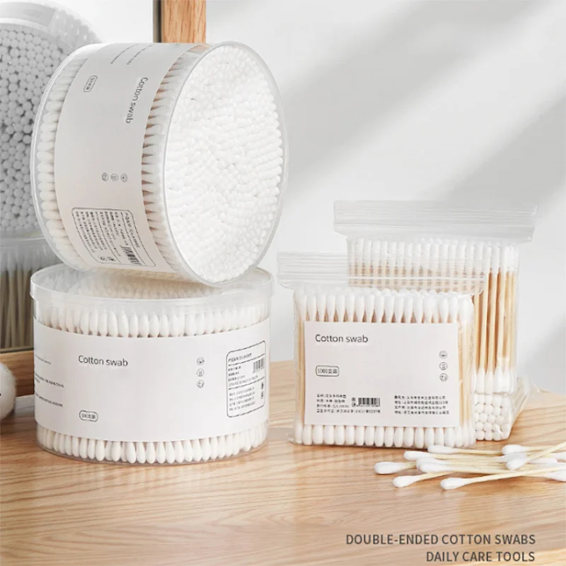 Double Round Natural Cotton Swabs Biodegradable Wooden Cotton Buds