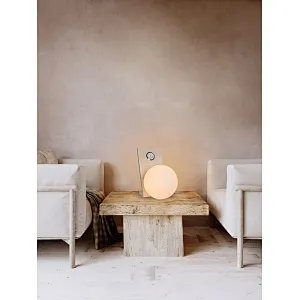 Olivia Globe Opal Glass Travertine Stone Bedside Table Lamp With Quartz Clock For Bedroom LivingRoom