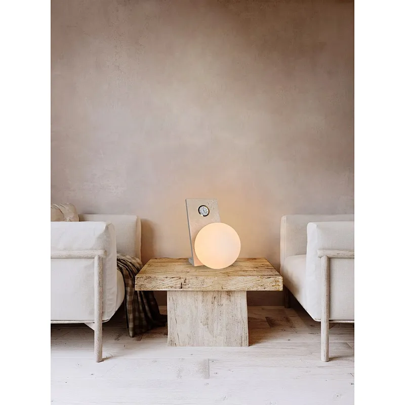 Olivia Globe Opal Glass Travertine Stone Bedside Table Lamp With Quartz Clock For Bedroom LivingRoom