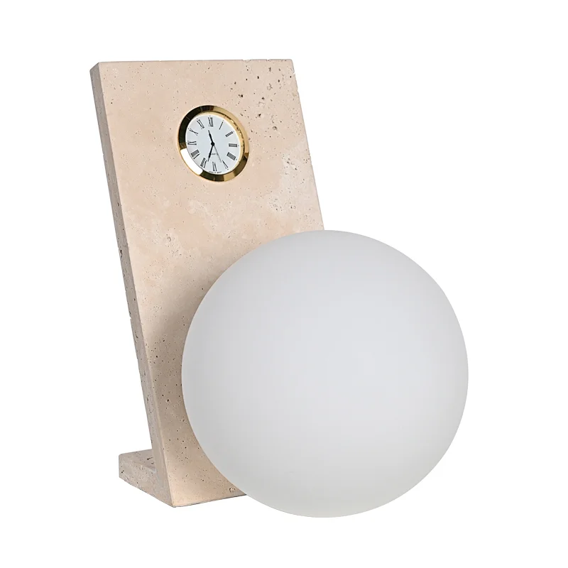 Olivia Globe Opal Glass Travertine Stone Bedside Table Lamp With Quartz Clock For Bedroom LivingRoom