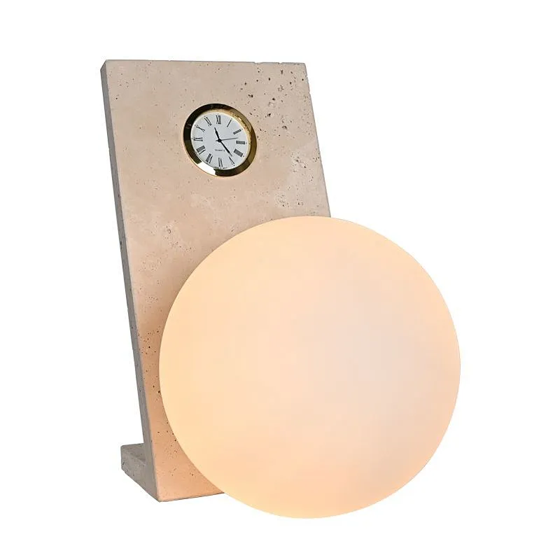 Olivia Globe Opal Glass Travertine Stone Bedside Table Lamp With Quartz Clock For Bedroom LivingRoom