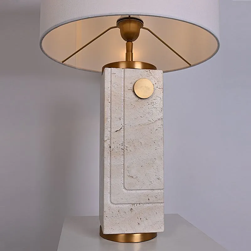 Antique Brass Travertine Stone Bedside Table Lamp With White Slub Fabric Shade For Living Room