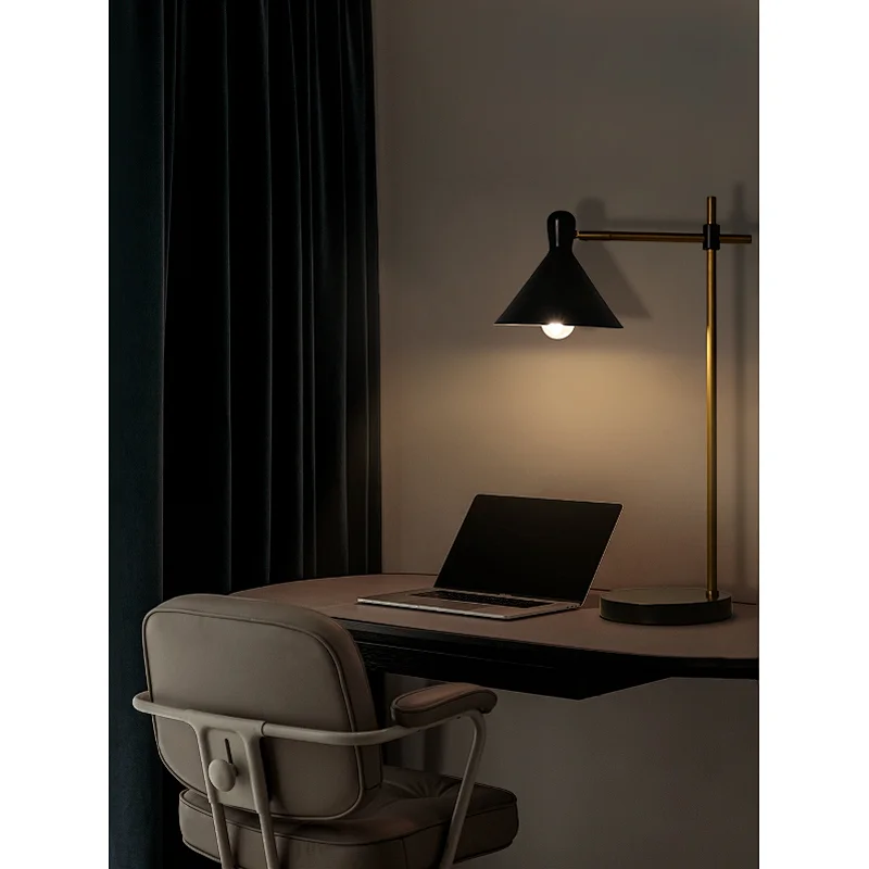Simple black Antique Brass Tube Marble Base Desk Table reading lamp