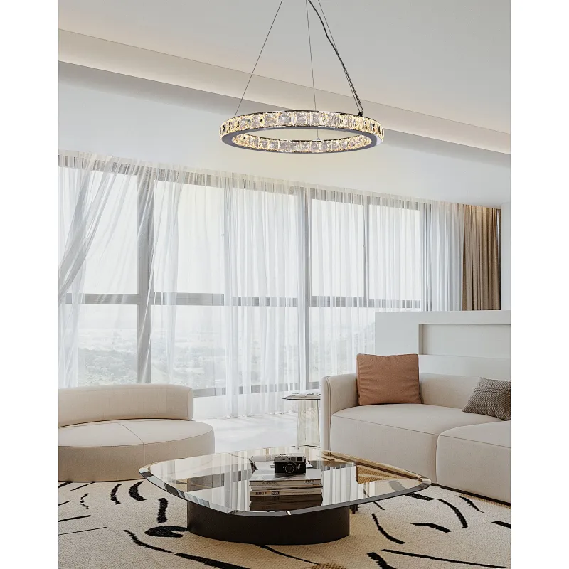 Hanging Stainless Steel Circle Ring LED Crystal Glass Pendant Light For Restaurant