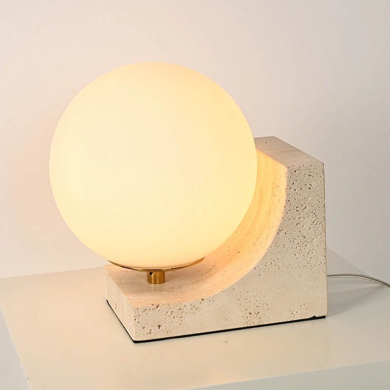 Nordic Modern Globe Opal Glass Night Lamp Travertine Stone Table Lamp