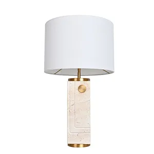 Antique Brass Travertine Stone Bedside Table Lamp With White Slub Fabric Shade For Living Room