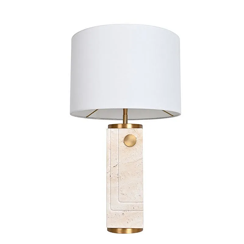 Antique Brass Travertine Stone Bedside Table Lamp With White Slub Fabric Shade For Living Room
