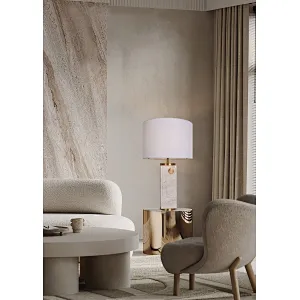 Antique Brass Travertine Stone Bedside Table Lamp With White Slub Fabric Shade For Living Room