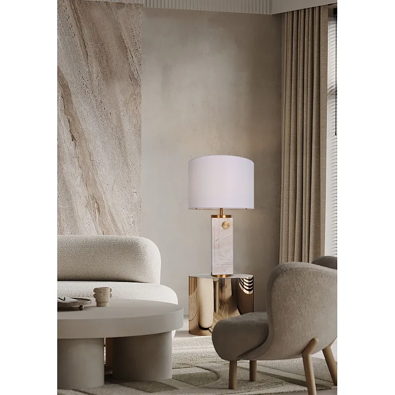 Antique Brass Travertine Stone Bedside Table Lamp With White Slub Fabric Shade For Living Room