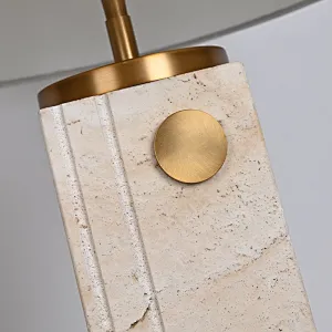 Antique Brass Travertine Stone Bedside Table Lamp With White Slub Fabric Shade For Living Room