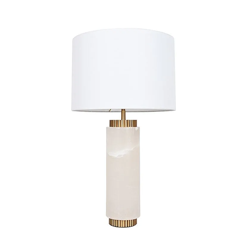 Antique Brass Solid Alabaster Column Bedside Table Lamp For Living Room