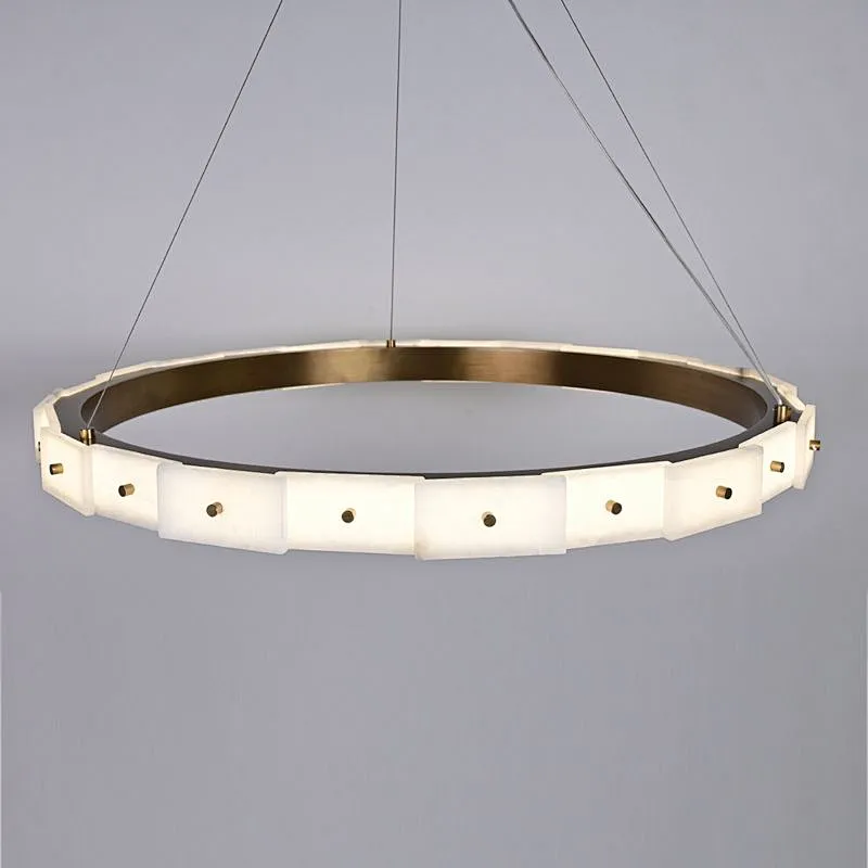 Antique brass finish LED light source layered alabaster decorative ring pendant light for restaurant and living room