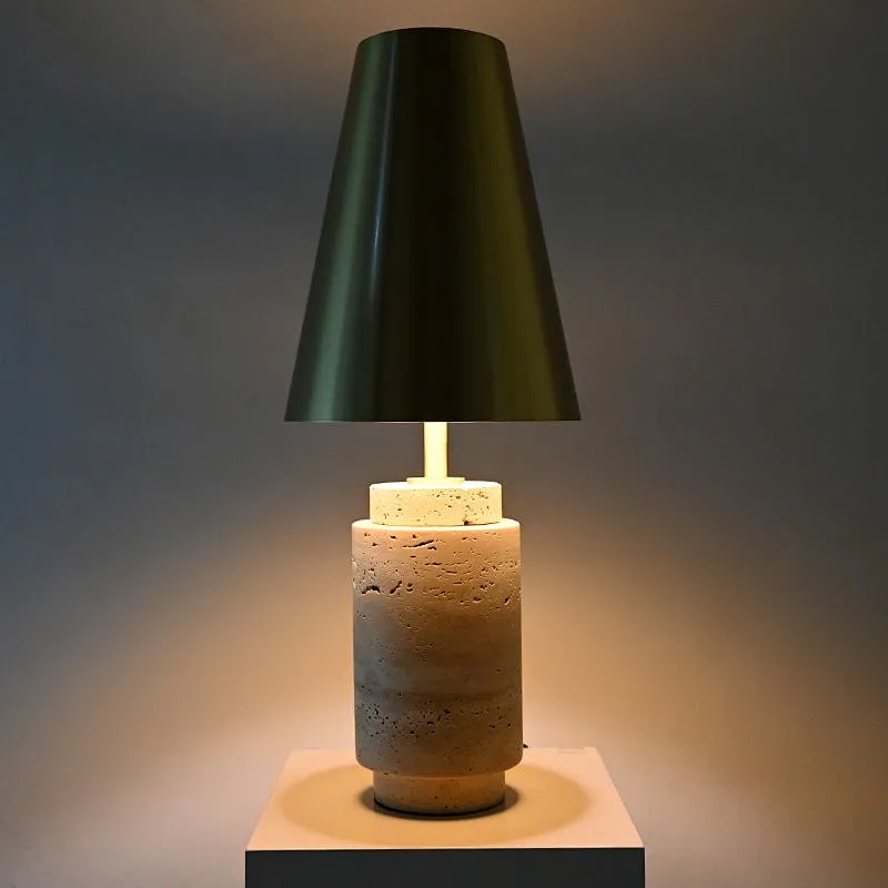 Solid natural travertine stone base table lamp with brass lampshade