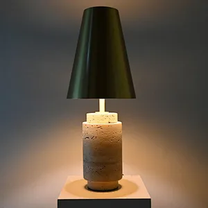 Solid natural travertine stone base table lamp with brass lampshade