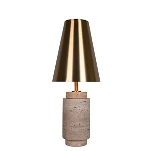 Solid natural travertine stone base table lamp with brass lampshade