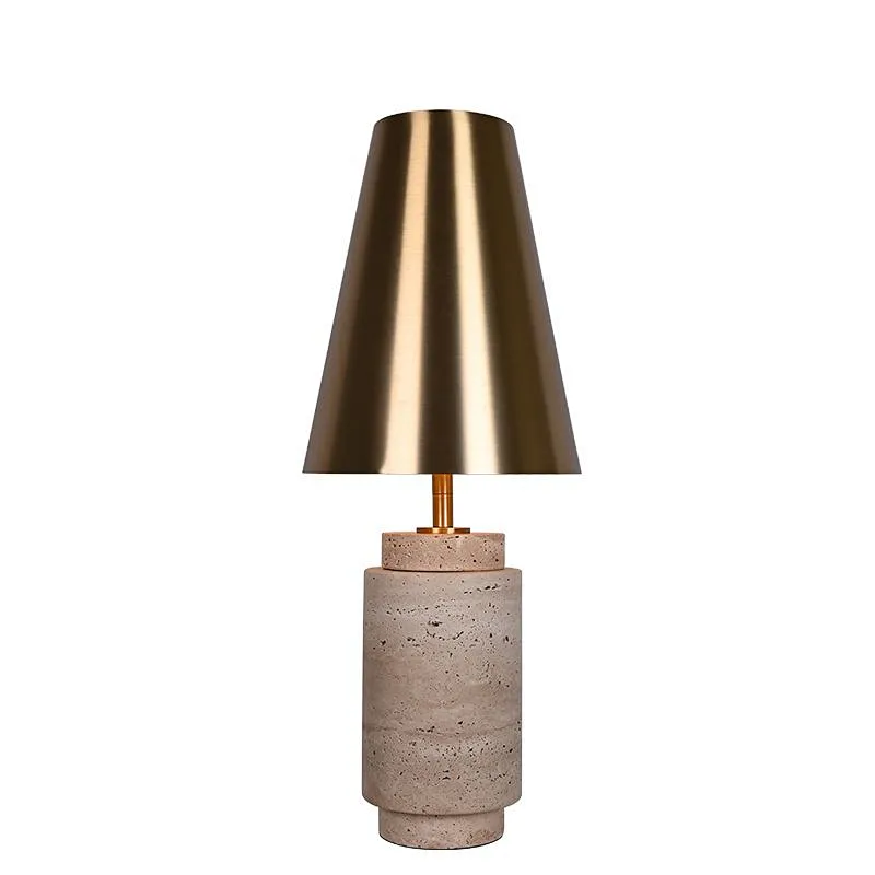 Solid natural travertine stone base table lamp with brass lampshade