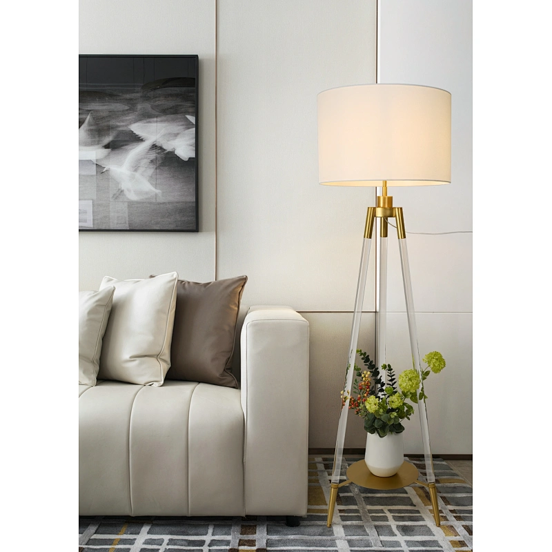 Simple three-legged triangle acrylic floor lamp with fabric lampshade for living room