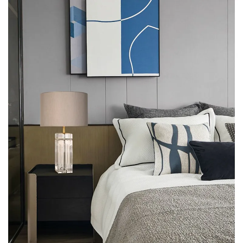 Luxury hand carved square solid crystal glass fabric shade table lamp for living room bedroom