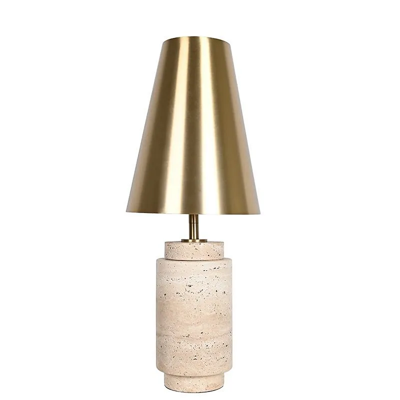 Solid natural travertine stone base table lamp with brass lampshade
