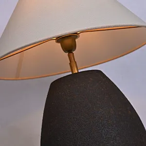 Wabi-Sabi handmade pottery black iron retro table lamp with fabric lampshade