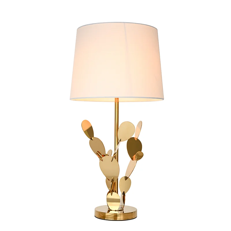 Modern style cactus stainless steel fabric lampshade bedside table lamp for living room bedroom