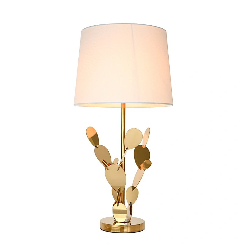 Modern style cactus stainless steel fabric lampshade bedside table lamp for living room bedroom