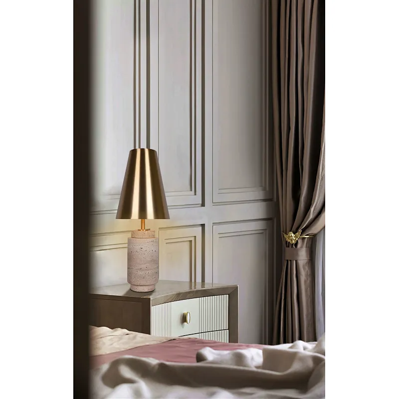 Solid natural travertine stone base table lamp with brass lampshade