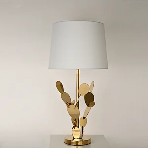 Modern style cactus stainless steel fabric lampshade bedside table lamp for living room bedroom